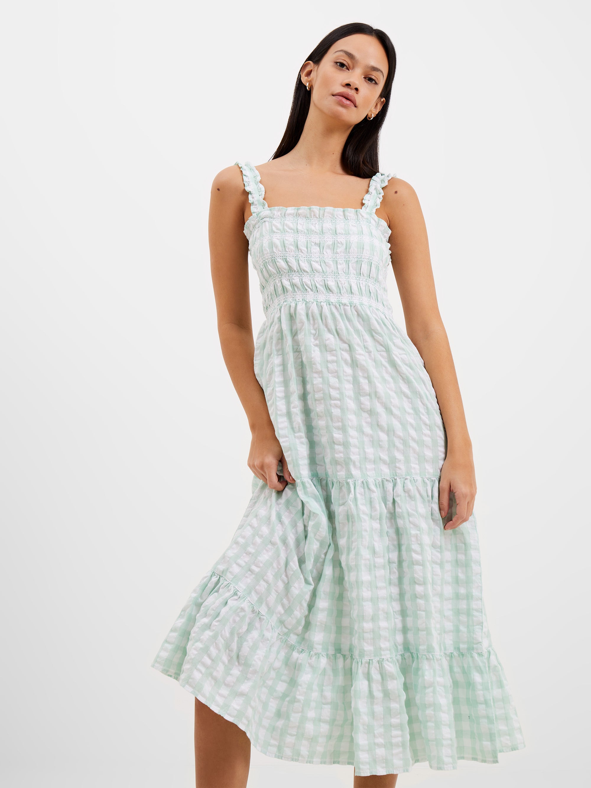 Vestido Midaxi Fruncido en Tejido Seersucker con Detalles Artesanales en Tono Natural