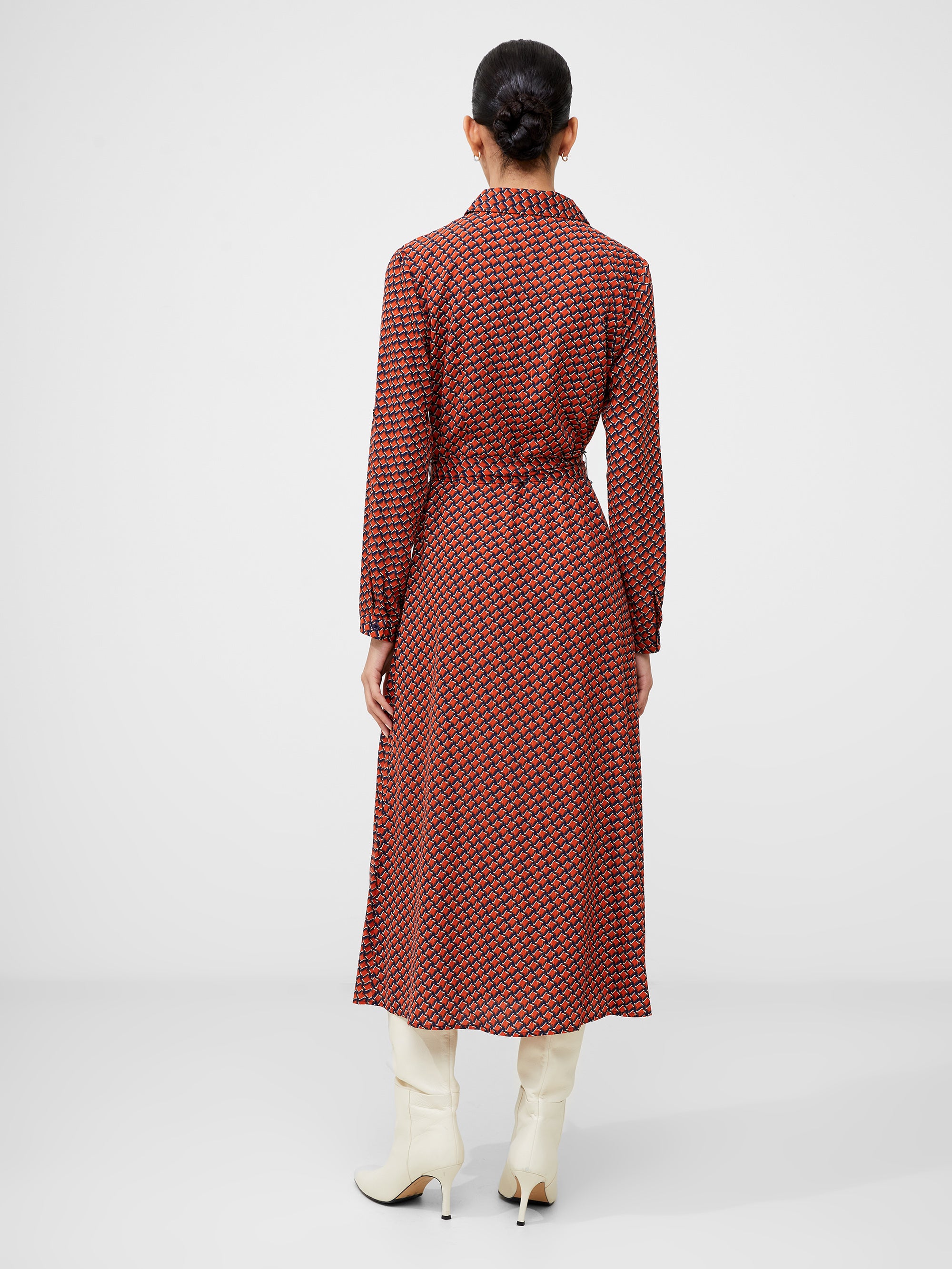 Vestido Camisero Midi con Cinturón en Estampado Abstracto