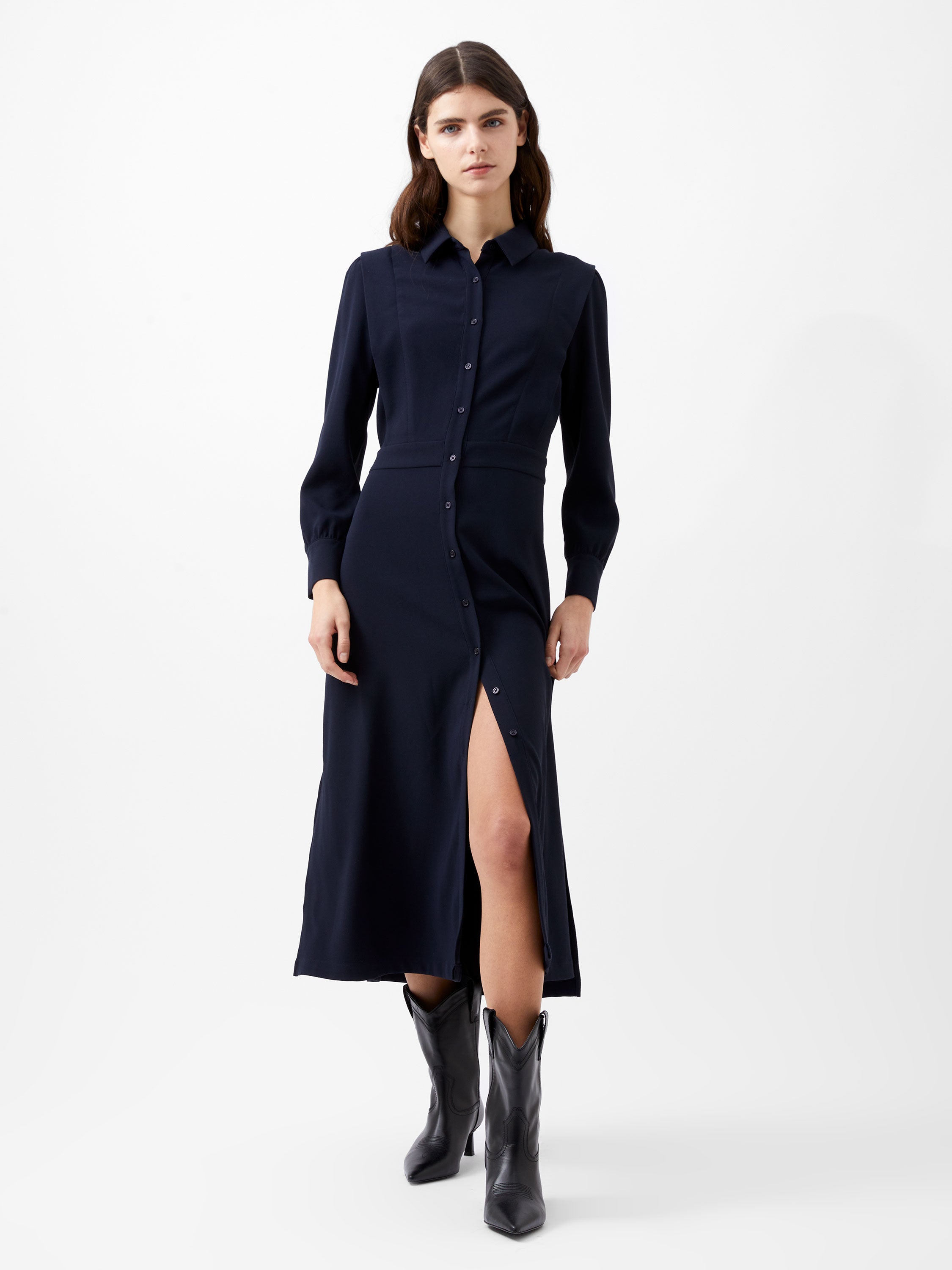 Vestido Largo Brina en Crepe con Detalle de Botones Delanteros