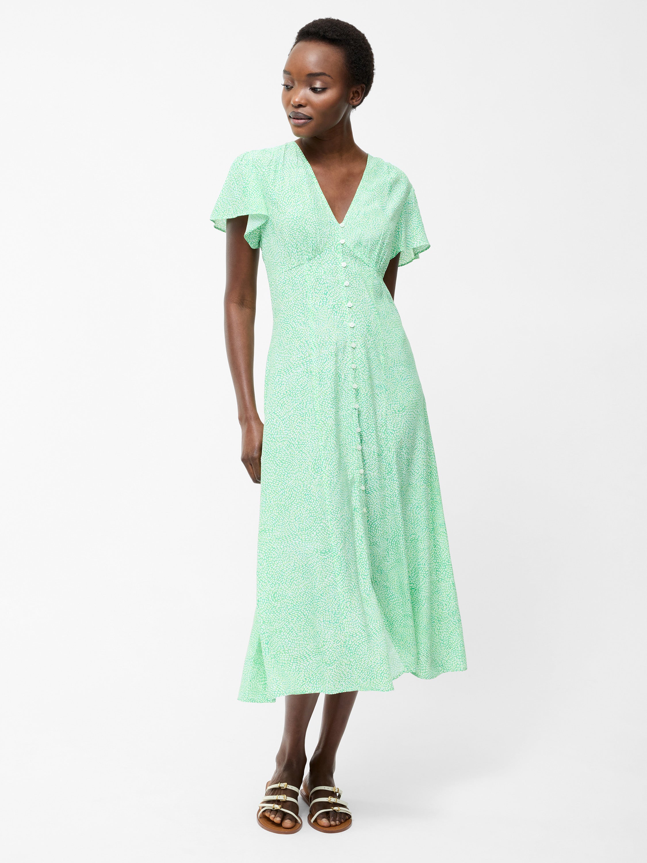 Bernice Vestido Té Ecológico con Escote V y Estampado Botánico