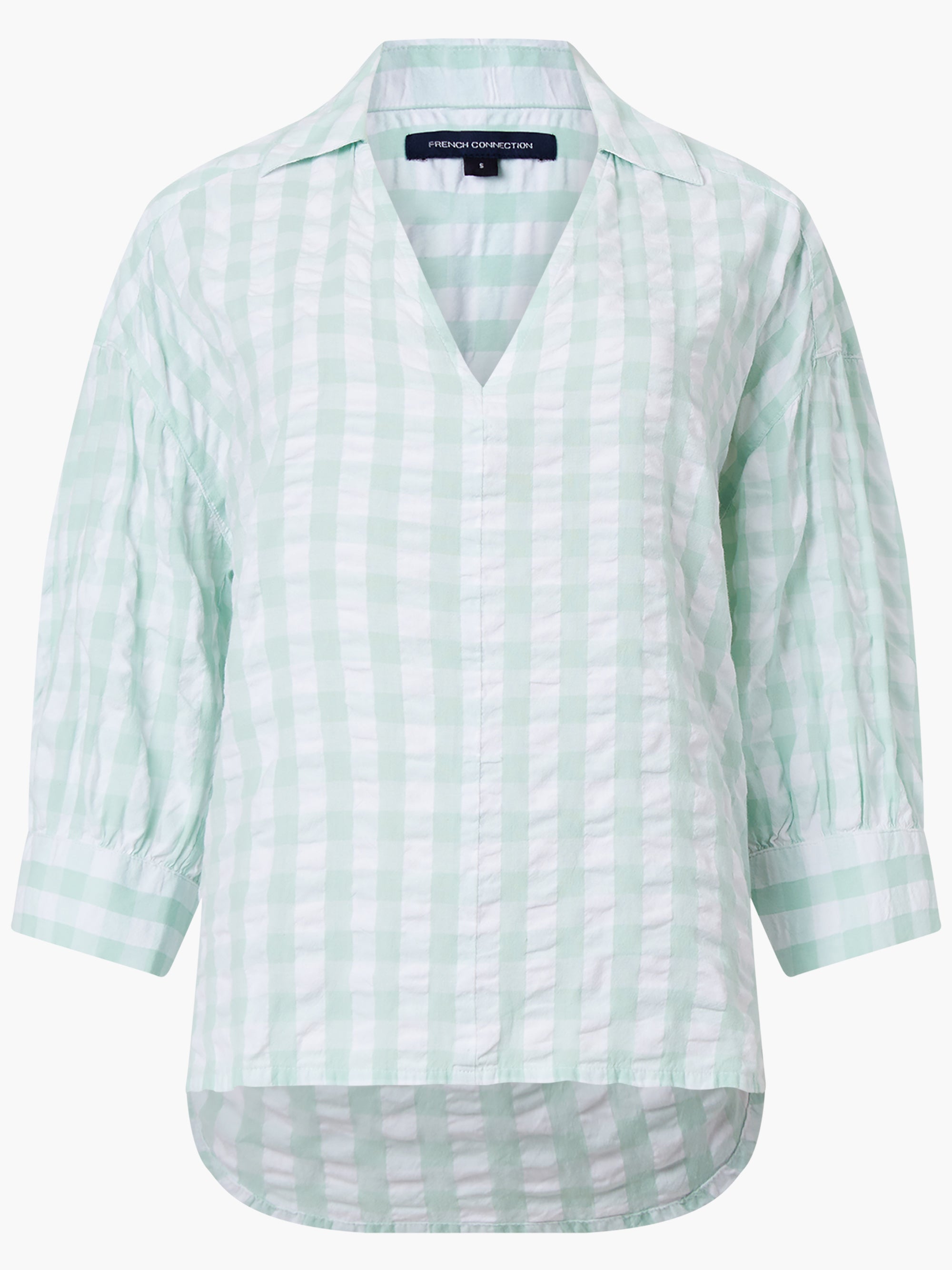 Blusa de Lino Fresco con Mangas Abullonadas y Estampado Cuadrillé
