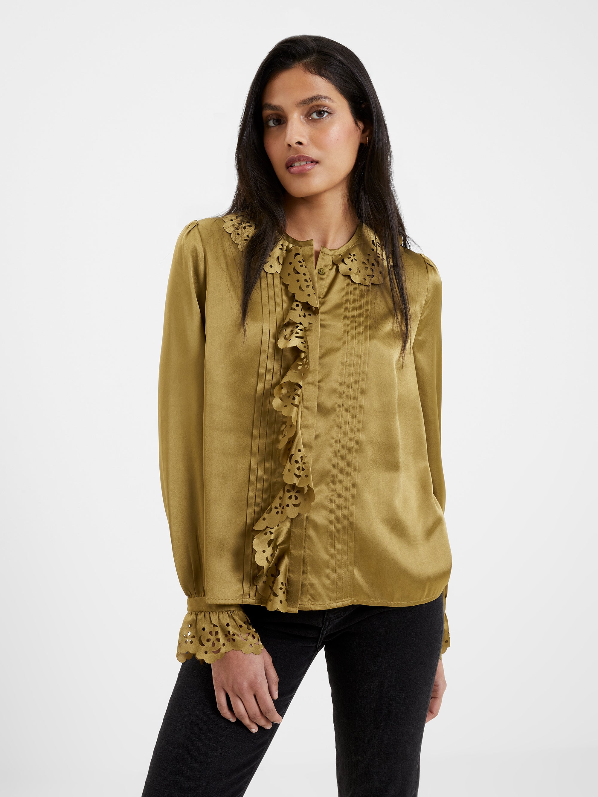 Blusa Elegante Aleeya con Volantes de Encaje y Satén para Mujer - Moda Femenina con Detalles Delicados