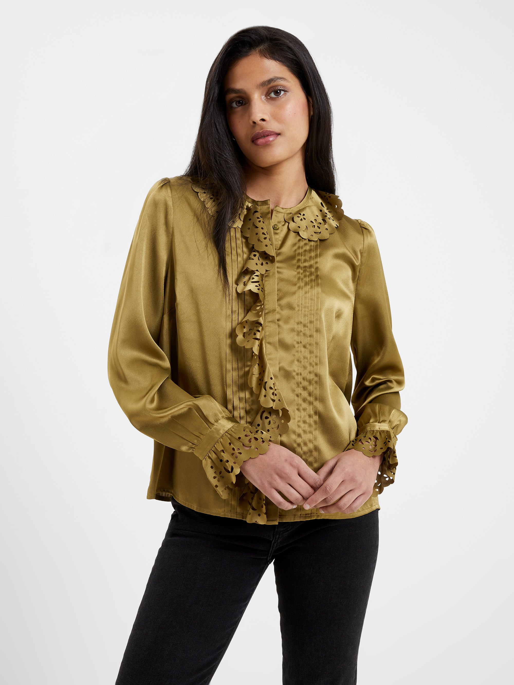 Blusa Elegante Aleeya con Volantes de Encaje y Satén para Mujer - Moda Femenina con Detalles Delicados