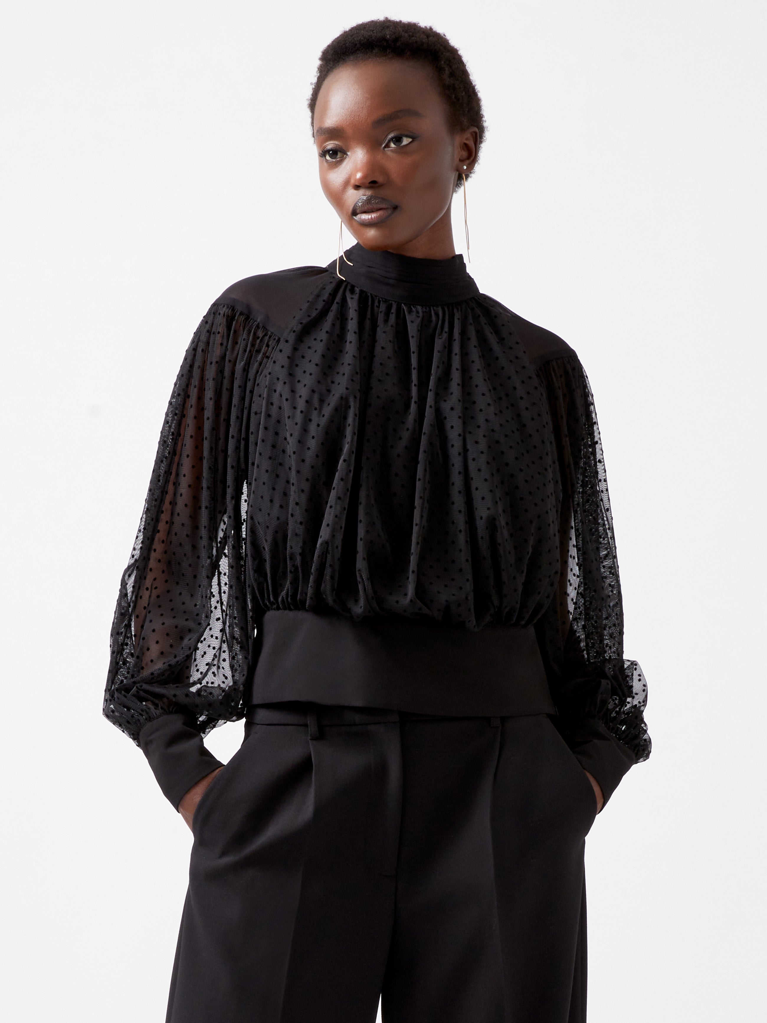 Blusa Elegante de Manga Larga con Combinación de Chiffon Dobby - Alice Moda