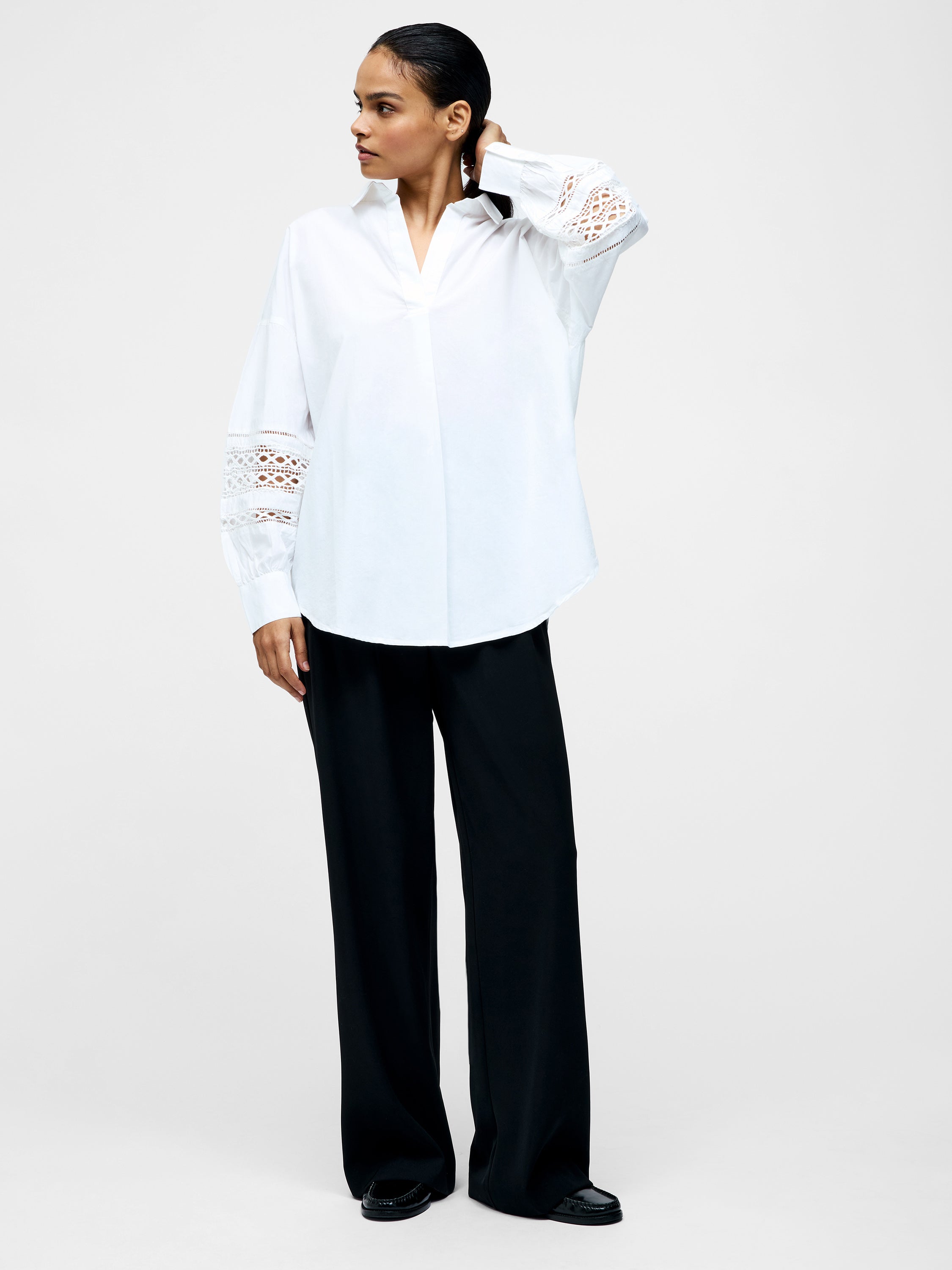 Crochet Trim Poplin Long Sleeve Popover Shirt