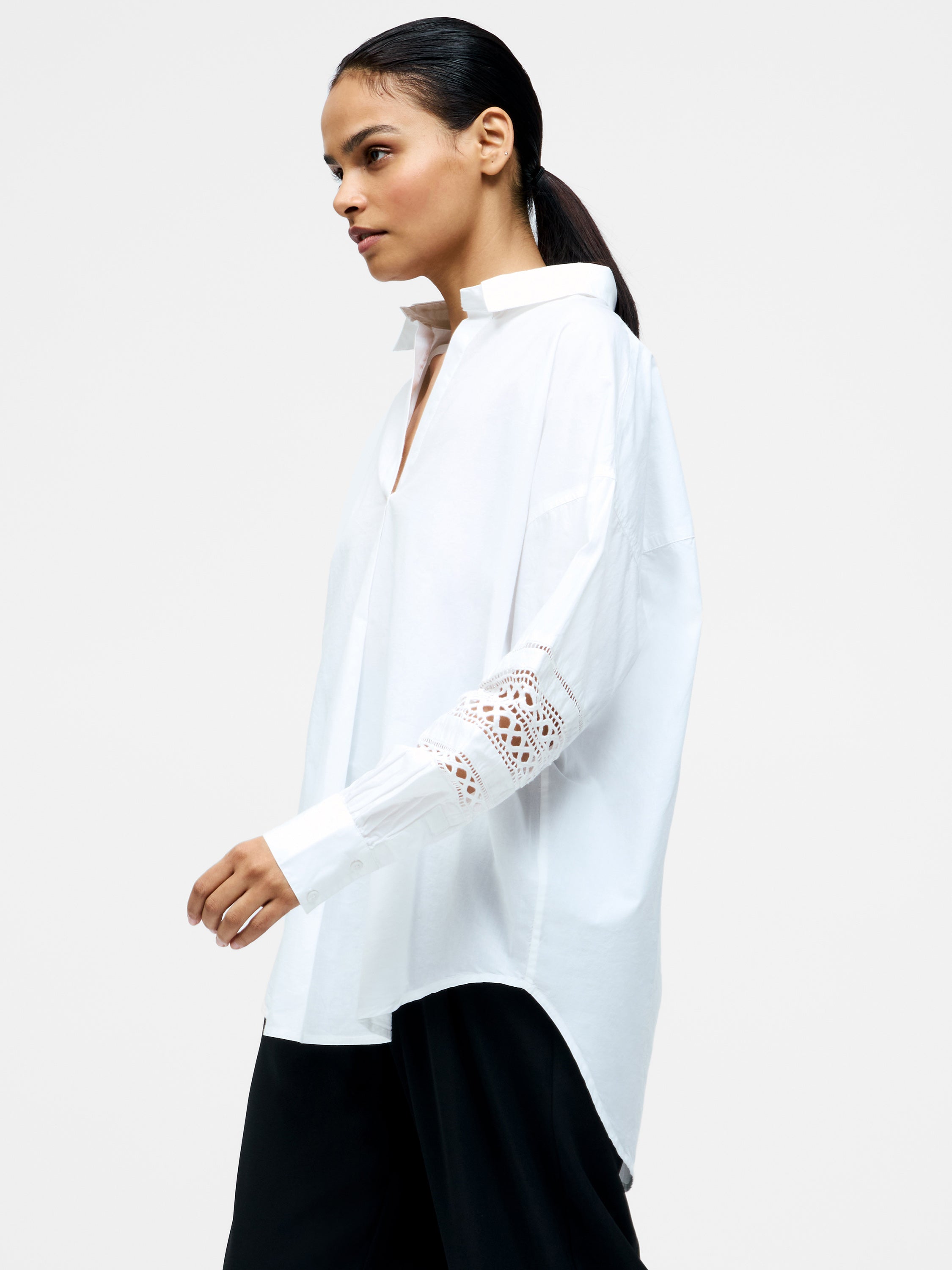 Crochet Trim Poplin Long Sleeve Popover Shirt
