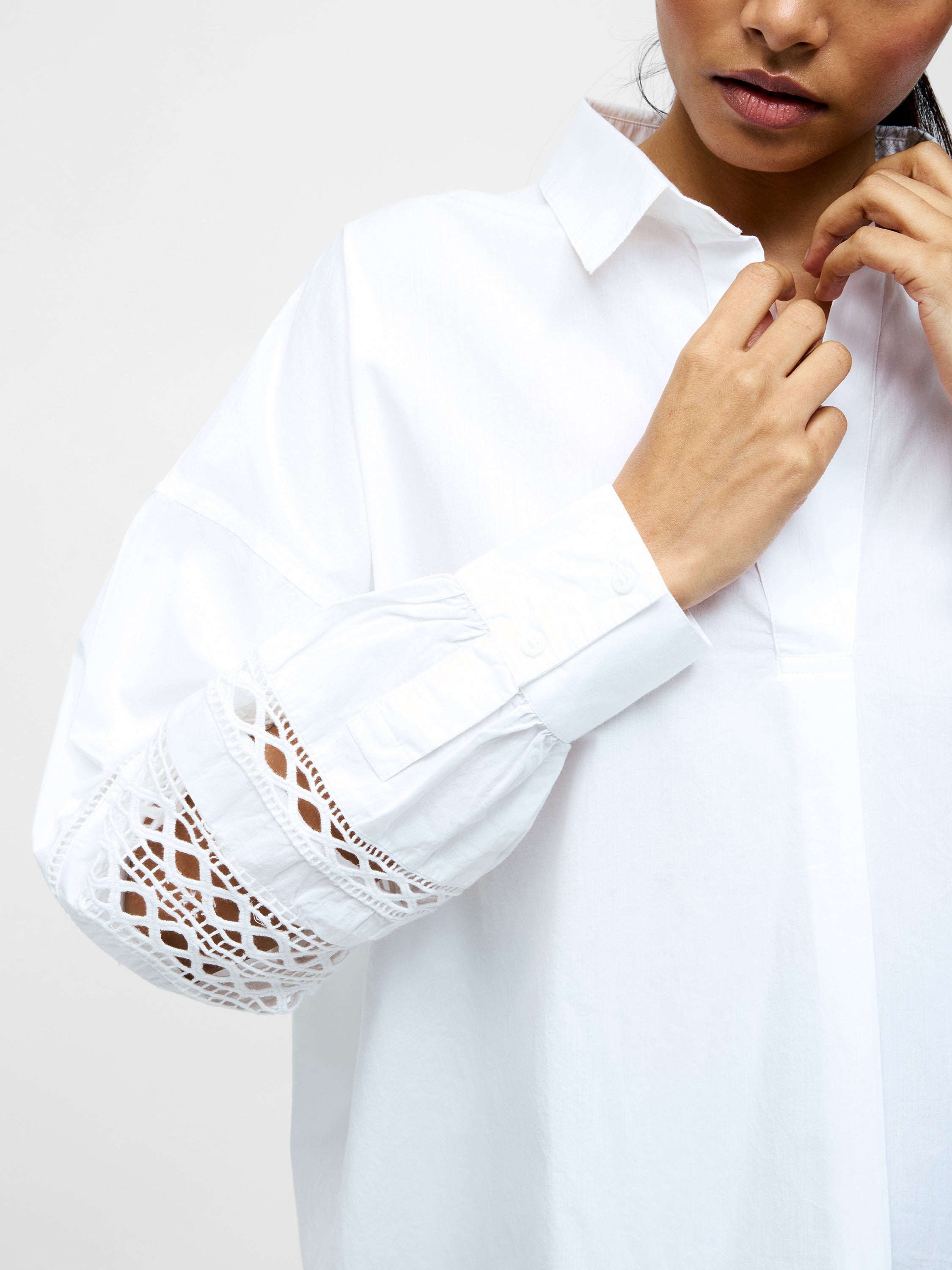 Crochet Trim Poplin Long Sleeve Popover Shirt