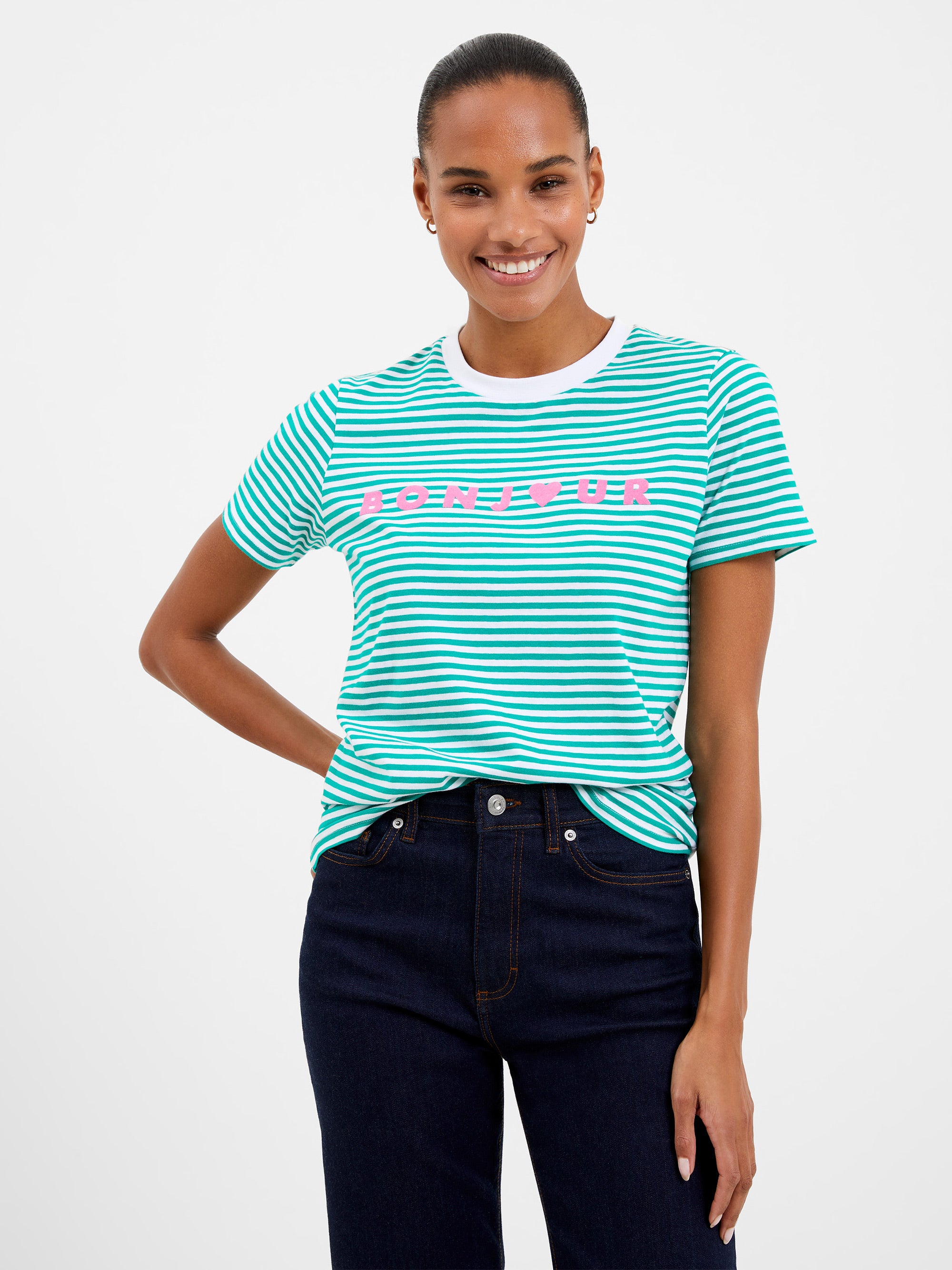 Camiseta Casual con Estampado de Rayas y Detalle Bonjour