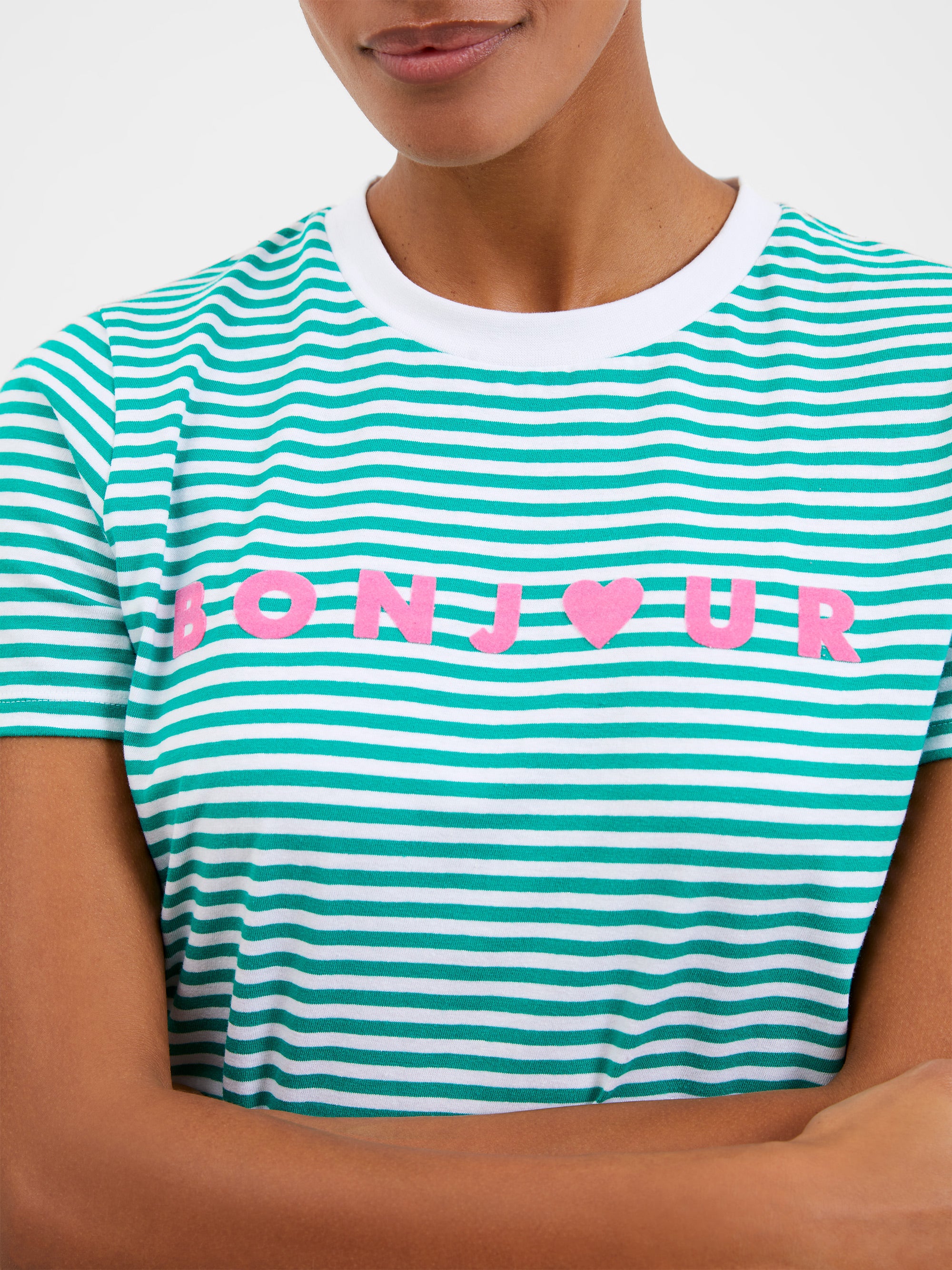 Camiseta Casual con Estampado de Rayas y Detalle Bonjour