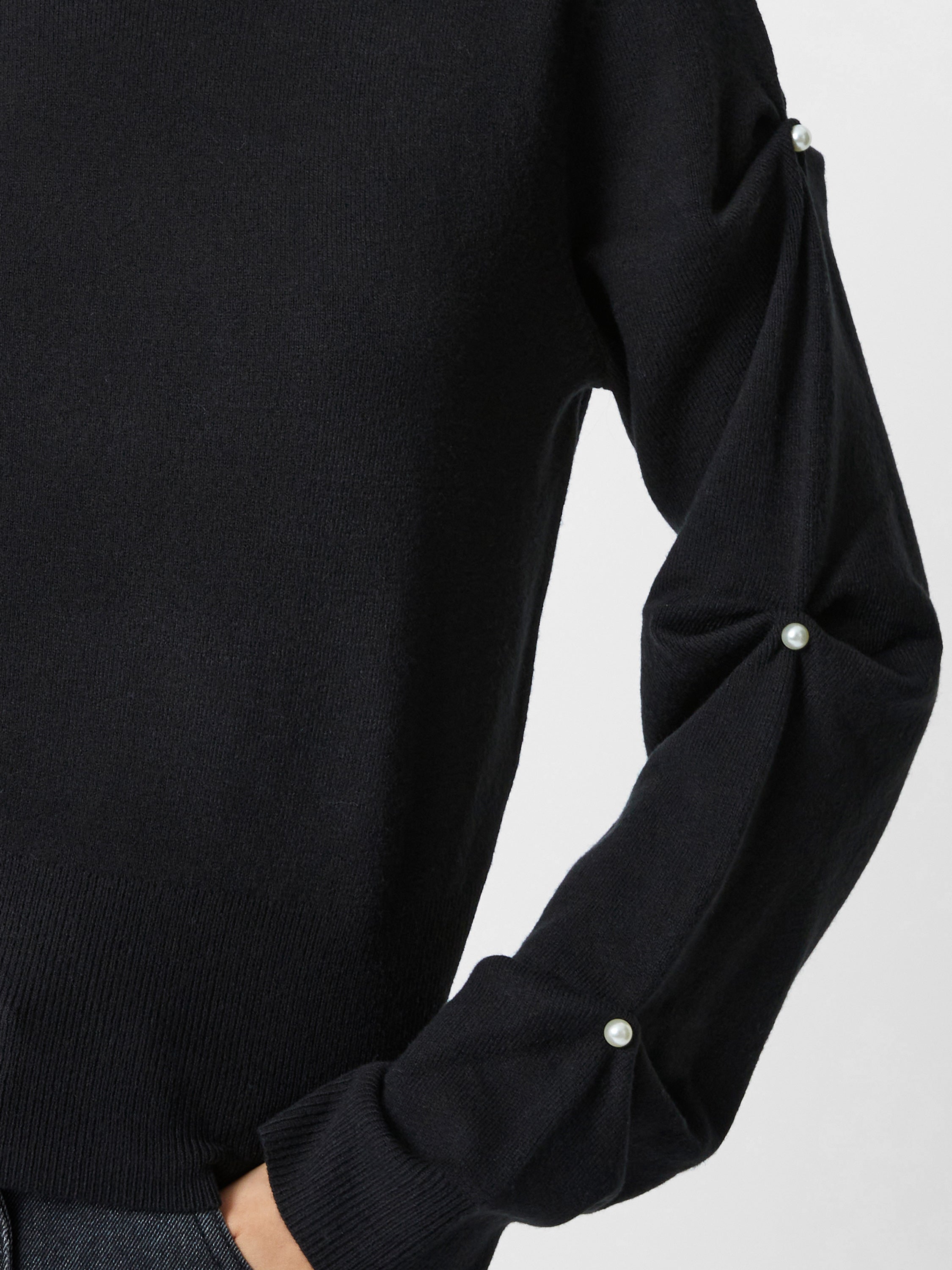 Sweater Suave con Detalles de Perlas Falsas en Mangas y Cuello Redondo